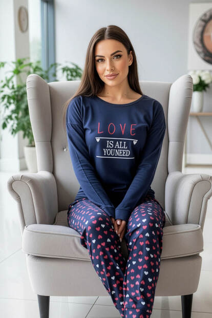 Lacivert Love Desenli Termal Kadın Pijama Takımı - Pijamaevi (1)