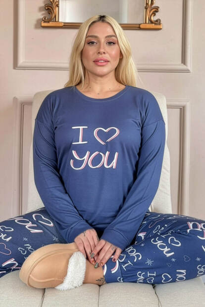 Lacivert Love You Desenli Termal Kadın Pijama Takımı - Pijamaevi