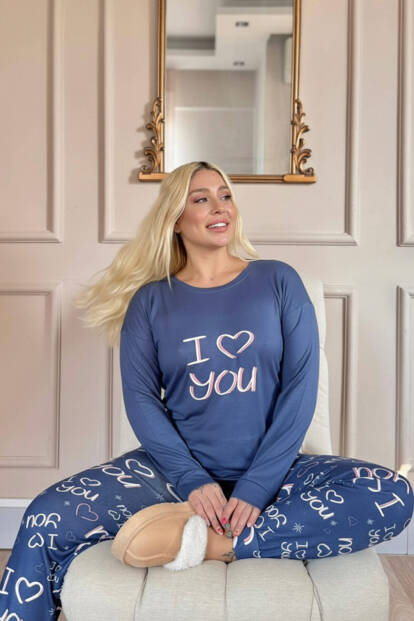 Lacivert Love You Desenli Termal Kadın Pijama Takımı - Pijamaevi (1)