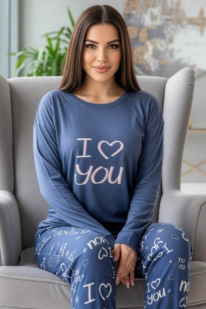 Lacivert Love You Desenli Termal Kadın Pijama Takımı - Pijamaevi