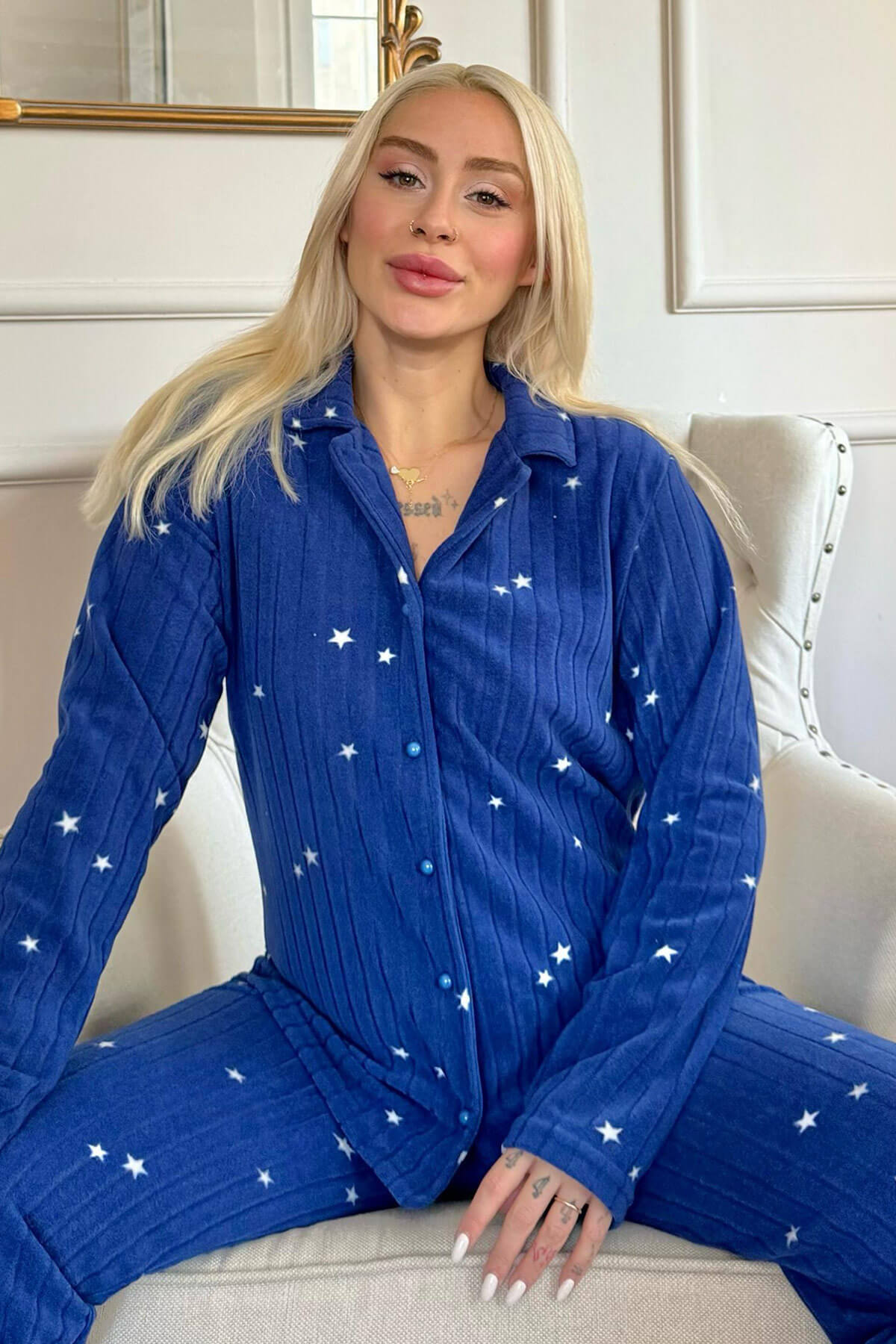 Lacivert Lune Desenli Önden Düğmeli Peluş Polar Pijama Takımı
