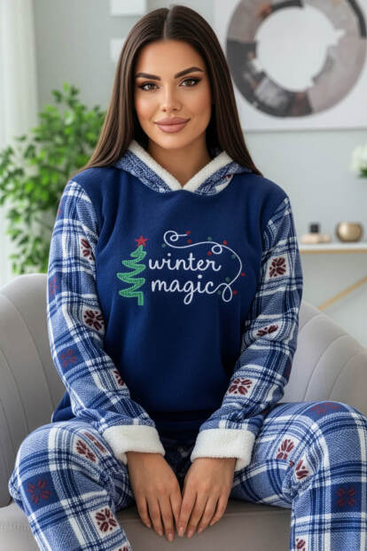 Lacivert Magic Desenli Kapşonlu Peluş Polar Pijama Takımı - Pijamaevi