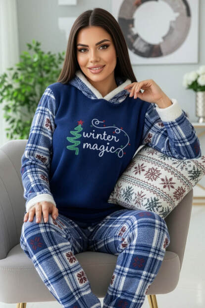 Lacivert Magic Desenli Kapşonlu Peluş Polar Pijama Takımı - Pijamaevi (1)