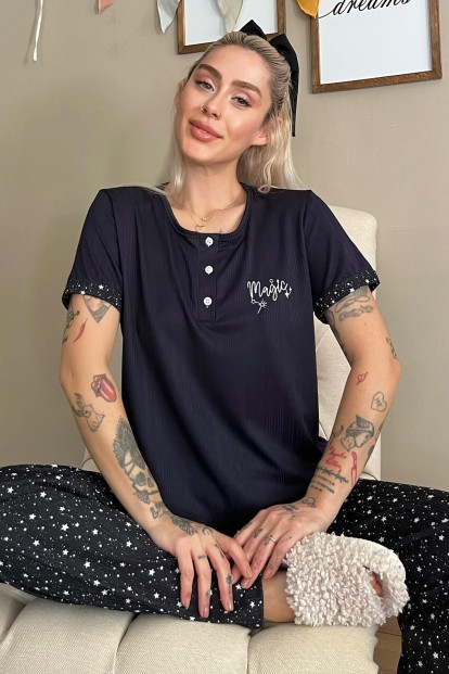 Lacivert Magic Nakışlı Kısa Kollu Örme Kadın Pijama Takımı - Pijamaevi