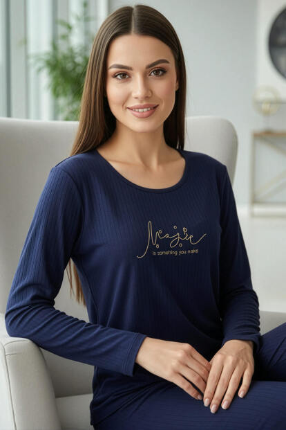 Lacivert MagicDesenli Uzun Kollu Dublin Örme Kadın Pijama Takımı - Pijamaevi