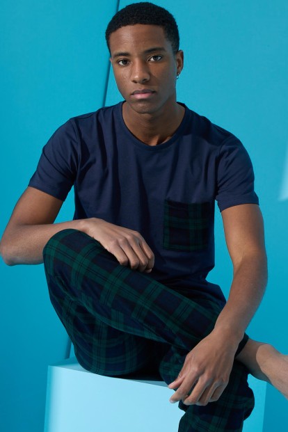 Lacivert Many Square Ekose Desenli Kısa Kollu Erkek Pijama Tak - Pijamaevi