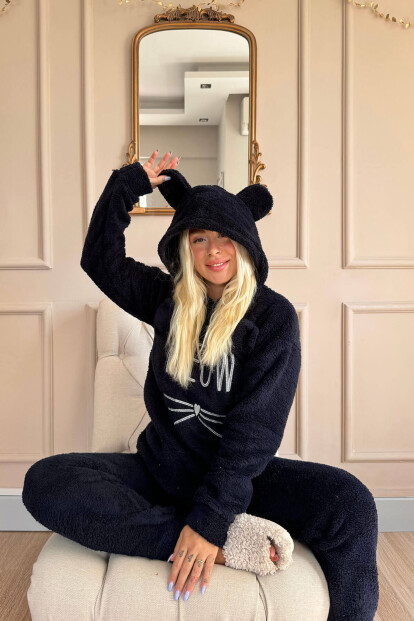 Lacivert Meow Desenli Tam Peluş Pijama Takımı - Pijamaevi (1)