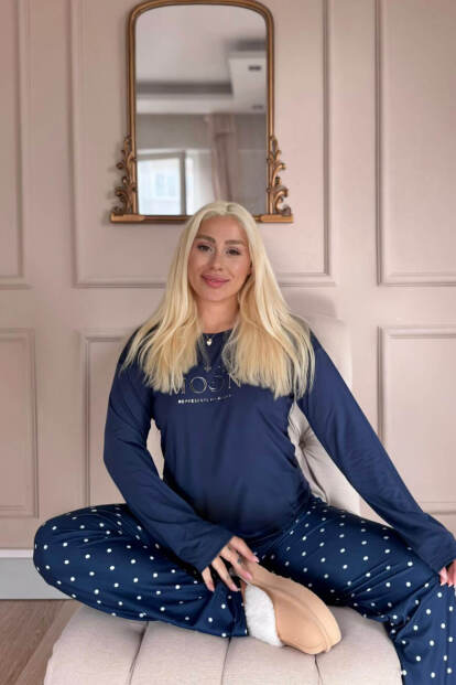 Lacivert Moon Desenli Bambu Uzun Kol Kadın Pijama Takımı - Pijamaevi (1)