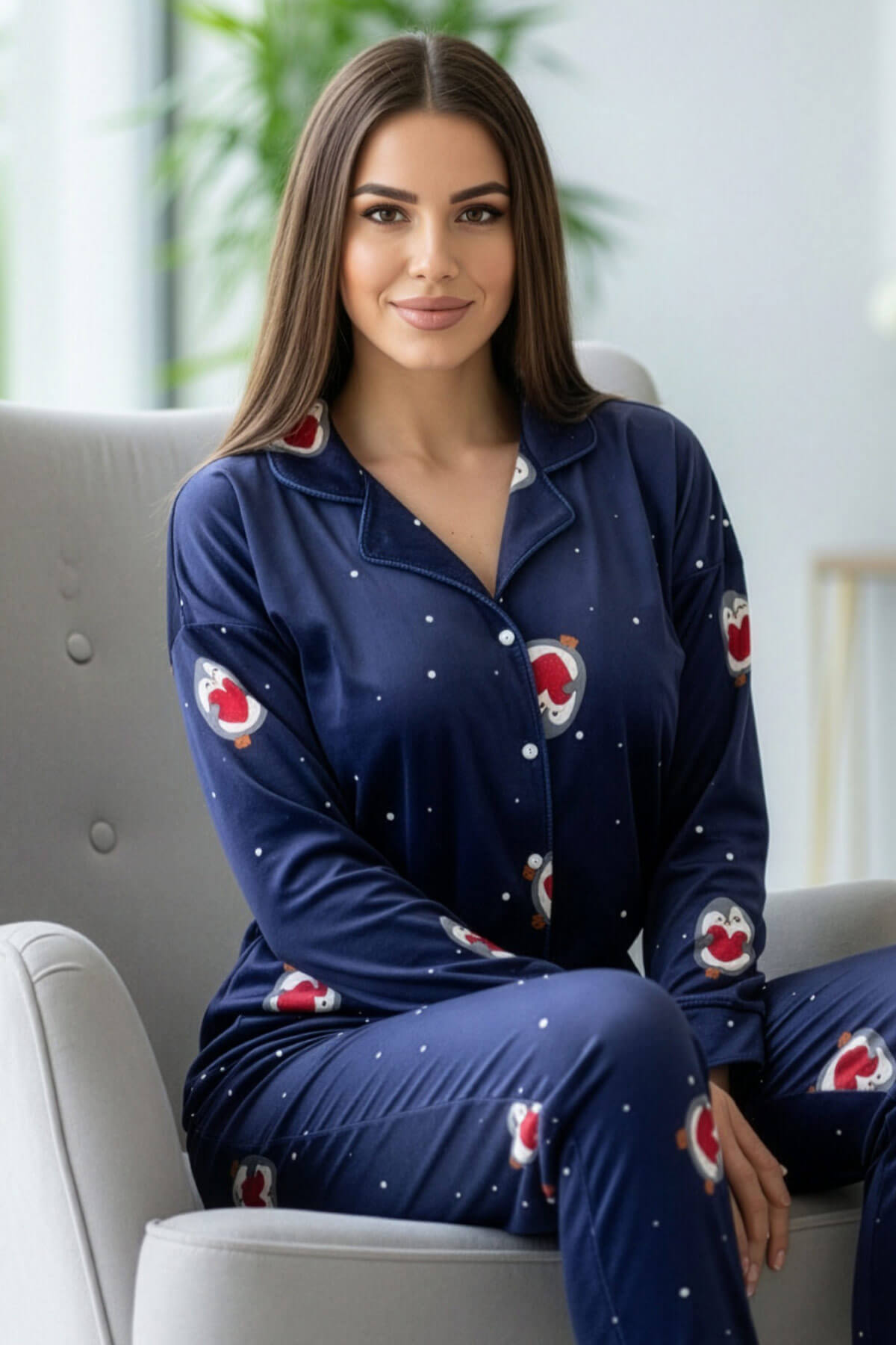Lacivert Nordic Desenli Exclusive Önden Düğmeli Kadife Kadın Pijama Takımı