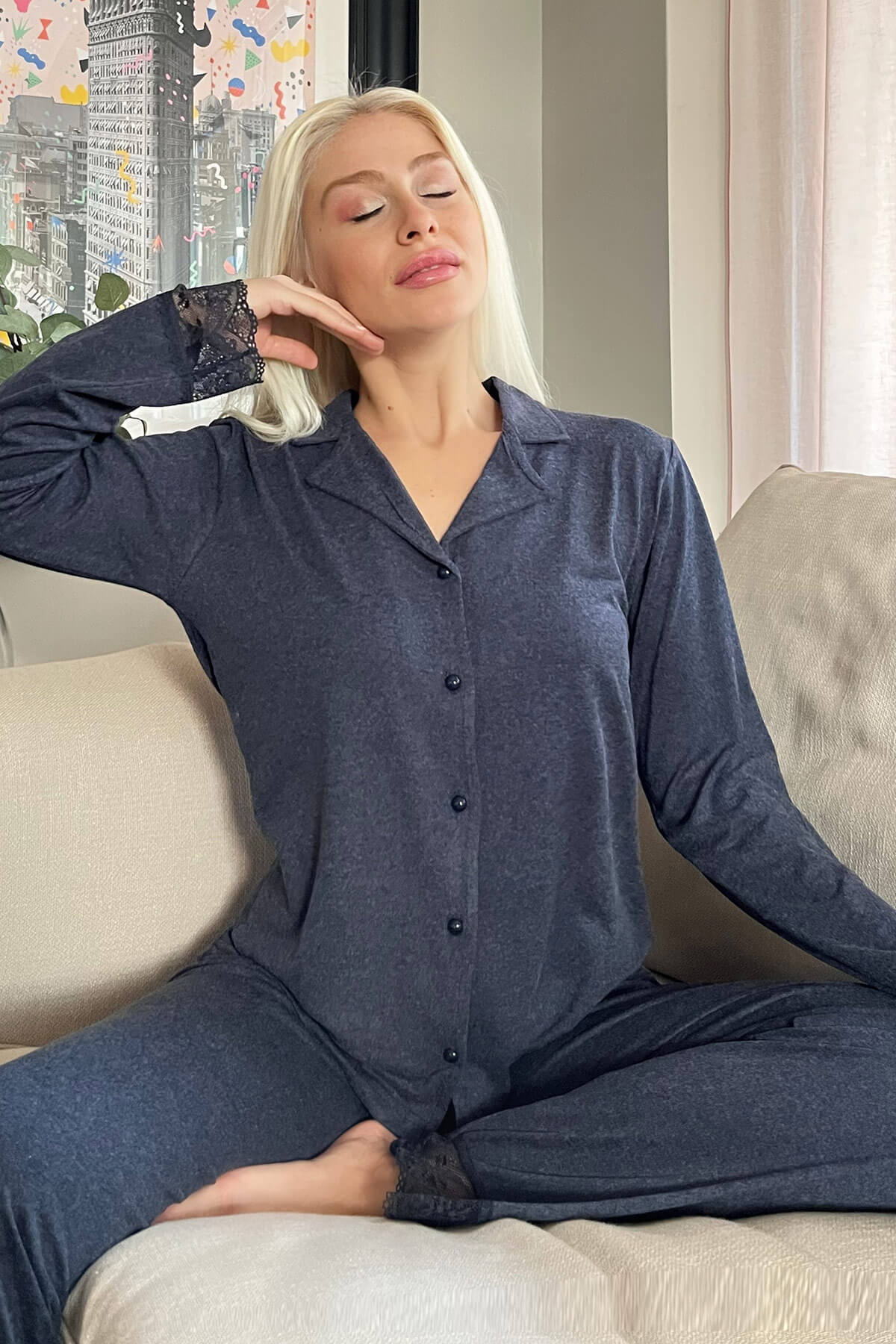 Lacivert Önden Düğmeli Bambu Uzun Kol Pijama Takımı