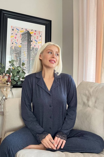 Lacivert Önden Düğmeli Bambu Uzun Kol Pijama Takımı - Pijamaevi (1)