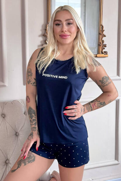 Lacivert Positive Mind Desenli Bambu Sıfır Kol Şortlu Kadın Pijama Takımı - Pijamaevi