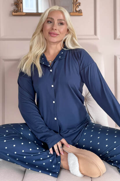 Lacivert Puan Desenli Bambu Önden Düğmeli Uzun Kol Kadın Pijama Takımı - Pijamaevi