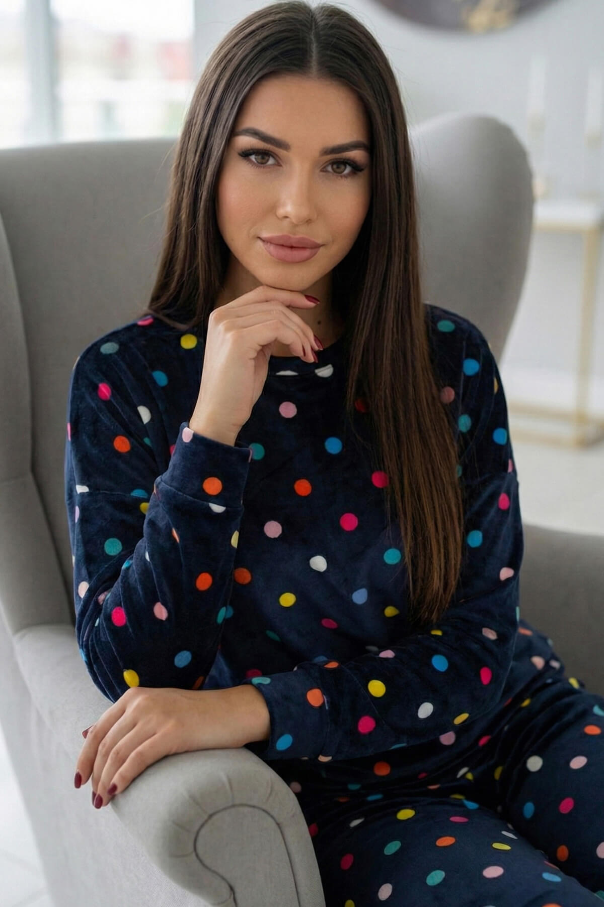 Lacivert Puan Desenli Veloura Soft Kadın Pijama Takımı 