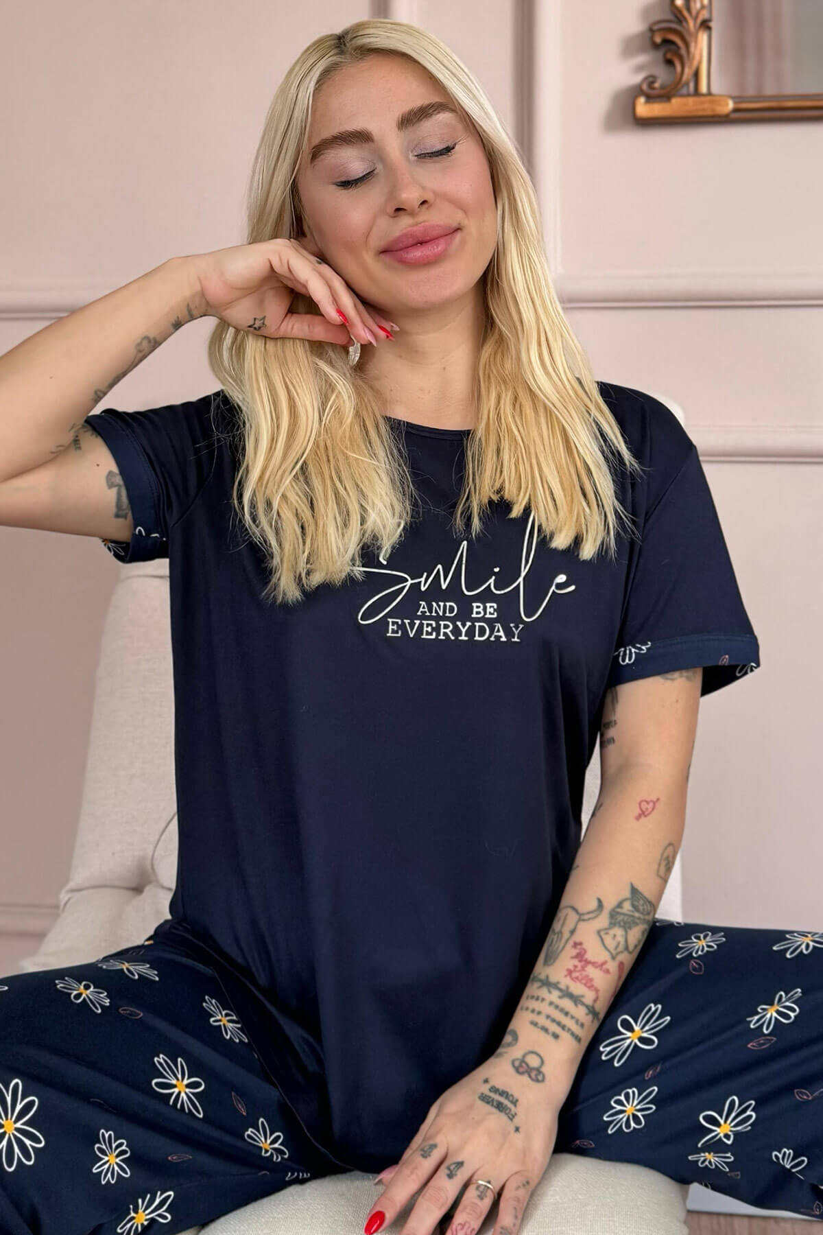 Lacivert Smile Everyday Desenli Bambu Kısa Kol Kadın Pijama Takımı
