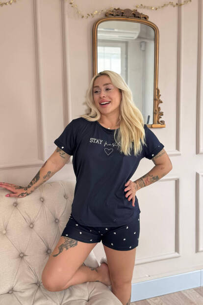 Lacivert Stay Positive Desenli Bambu Kısa Kol Kadın Şortlu Pijama Takımı - Pijamaevi (1)