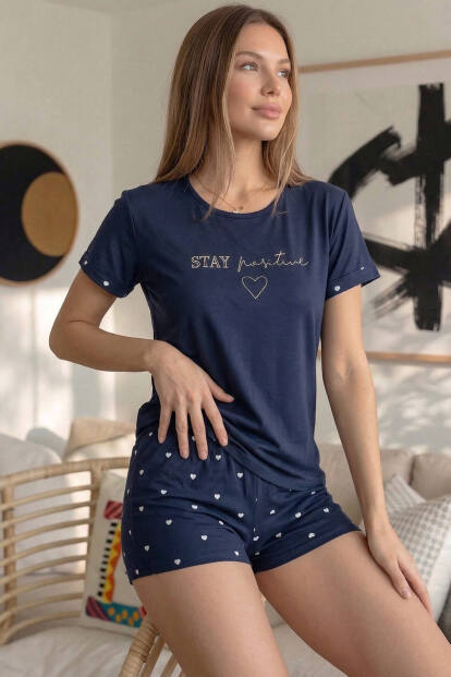 Lacivert Stay Positive Desenli Bambu Kısa Kol Kadın Şortlu Pijama Takımı - Pijamaevi