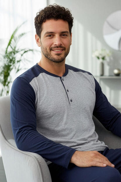 Lacivert Stylish Erkek Uzun Kol Pijama Takımı - Pijamaevi