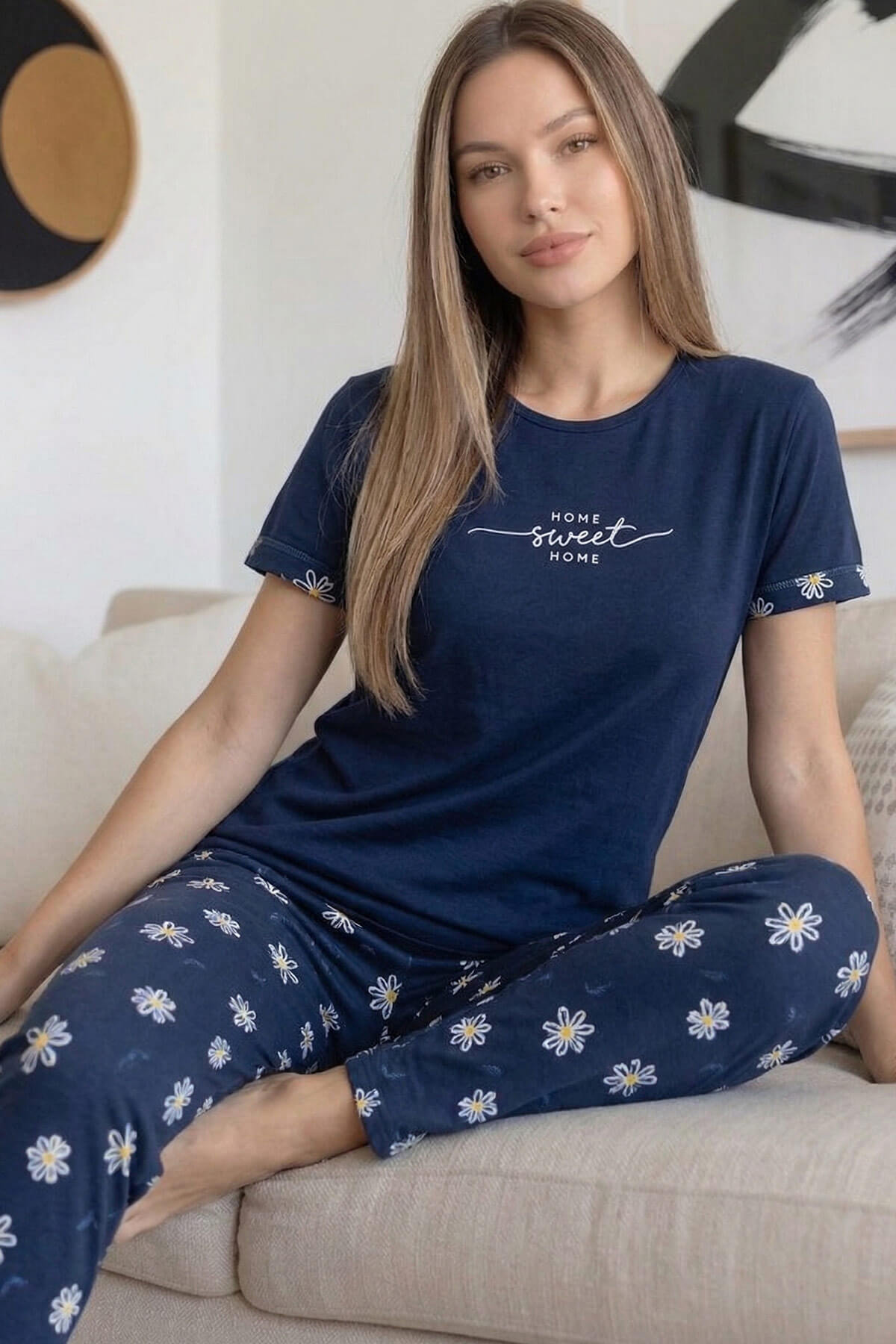 Lacivert Sweet Desenli Bambu Kısa Kol Kadın Pijama Takımı