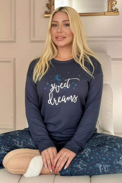 Lacivert Sweet Dreams Desenli Termal Kadın Pijama Takımı - Pijamaevi