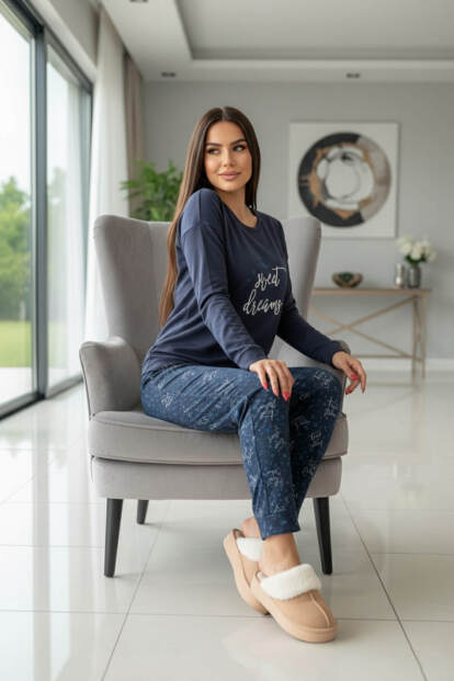 Lacivert Sweet Dreams Desenli Termal Kadın Pijama Takımı - Pijamaevi (1)