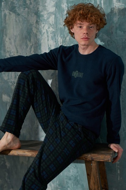 Lacivert Tired Desenli Polar Erkek Pijama Takımı - Pijamaevi