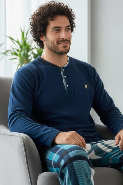 Lacivert Turkuaz Ekose Desenli Polar Erkek Pijama Takımı - Pijamaevi