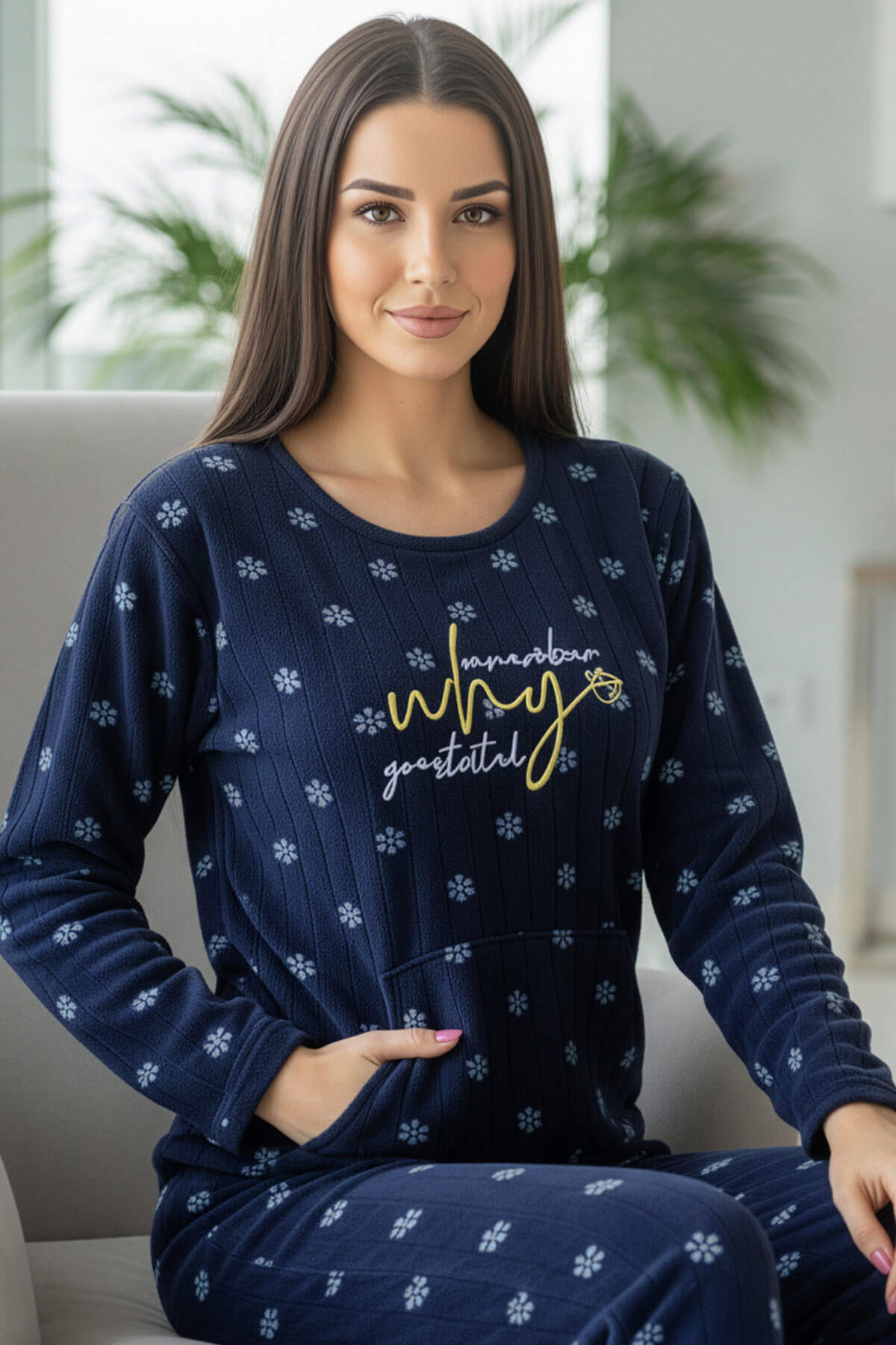 Lacivert Why Desenli Kanguru Cepli Peluş Polar Pijama Takımı
