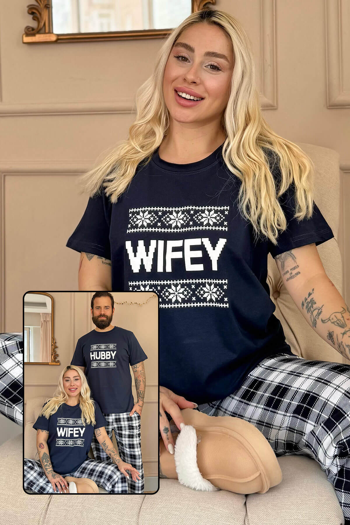 Lacivert Wifey Kısa Kol Sevgili Aile Pijaması - Kadın Takımı