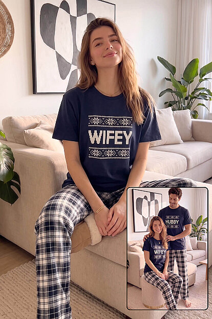 Lacivert Wifey Kısa Kol Sevgili Aile Pijaması - Kadın Takımı - Pijamaevi