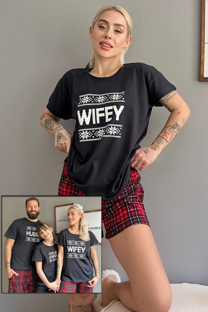 Lacivert Wifey Şortlu Sevgili Aile Pijaması - Kadın Takımı - Pijamaevi
