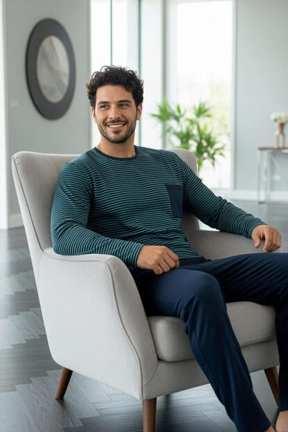 Lacivert Yeşil Çizgi Desenli Stylish Erkek Uzun Kol Pijama Takımı - Pijamaevi (1)