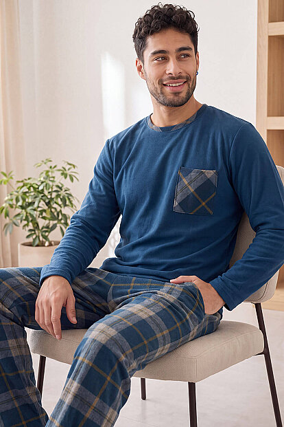 Lacivert Yeşil Ekose Desenli Elegant Erkek Pijama Takımı - Pijamaevi