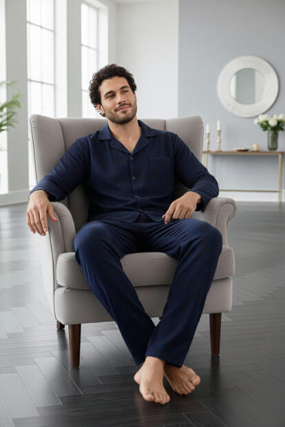 Lacivert Yeşil Ekose Desenli Önden Düğmeli Elegant Erkek Pijama Takımı - Pijamaevi (1)
