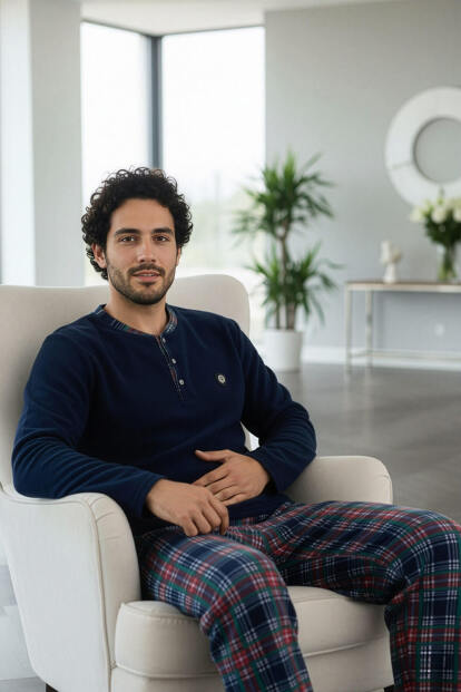 Lacivert Yeşil Ekose Desenli Polar Erkek Pijama Takımı - Pijamaevi (1)