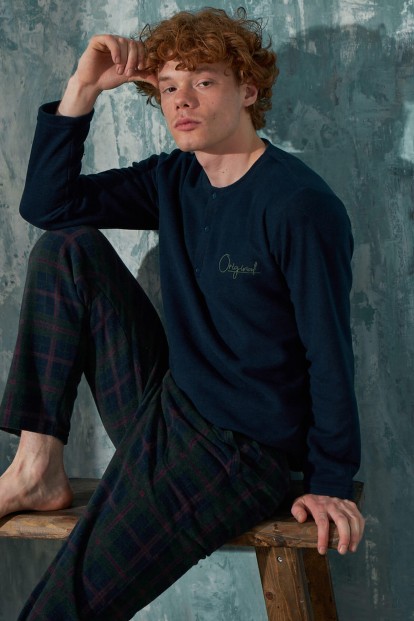 Lacivert Yeşil Original Desenli Polar Erkek Pijama Takımı - Pijamaevi