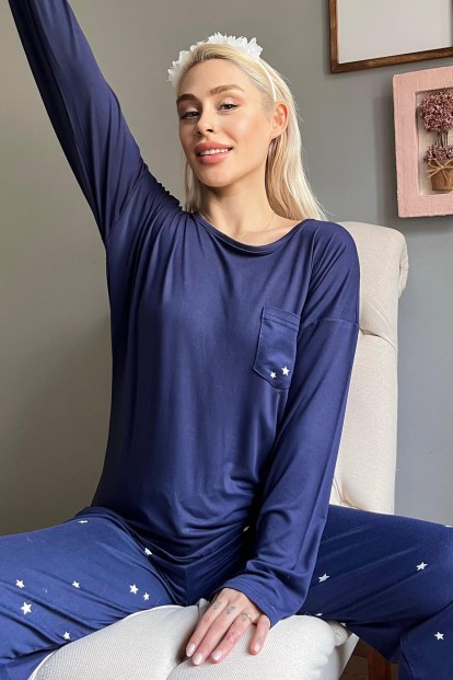 Lacivert Yıldız Desenli Bambu Uzun Kol Kadın Pijama Takımı - Pijamaevi