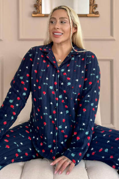 Lacivert Yıldız Desenli Önden Düğmeli Peluş Polar Pijama Takımı - Pijamaevi
