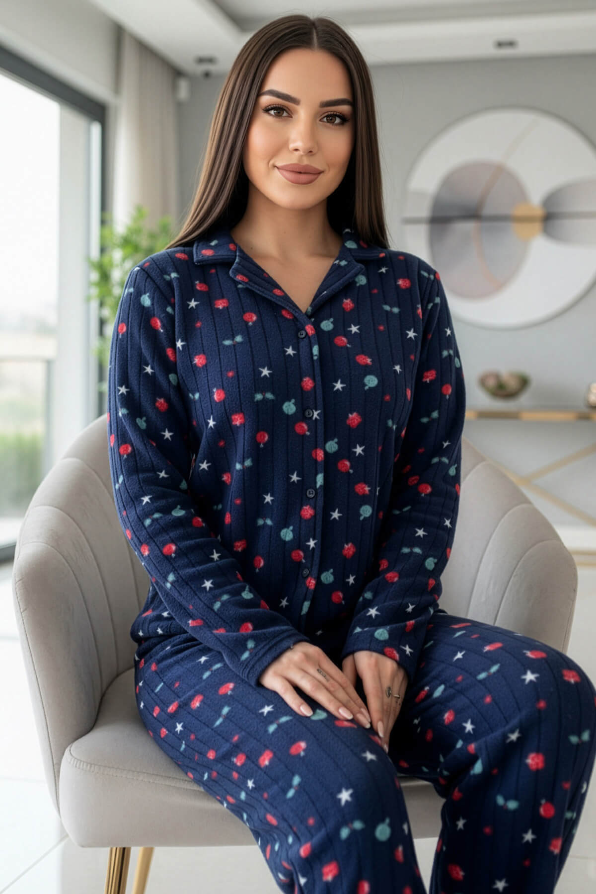 Lacivert Yıldız Desenli Önden Düğmeli Peluş Polar Pijama Takımı