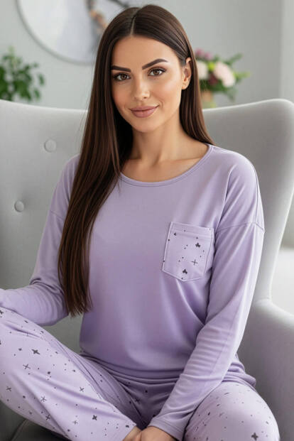 Lavanta Kalp Yılzdız Desenli Uzun Kollu Bambu Örme Kadın Pijama Takımı - Pijamaevi