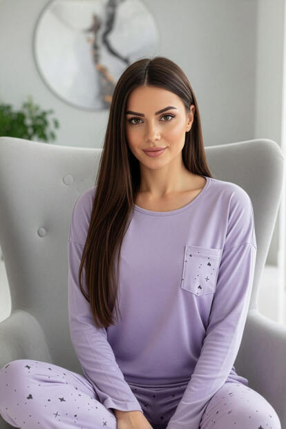 Lavanta Kalp Yılzdız Desenli Uzun Kollu Bambu Örme Kadın Pijama Takımı - Pijamaevi (1)