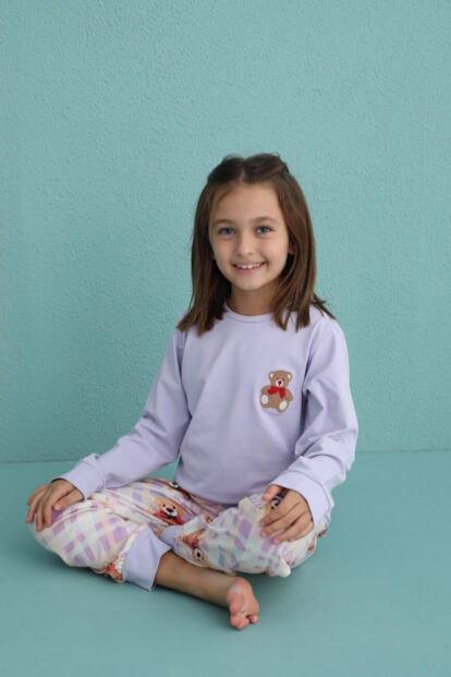 Lila Bear Desenli Uzun Kollu Pamuk Kız Çocuk Pijama Takımı - Pijamaevi (1)