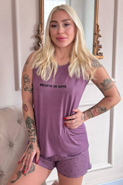 Lila Believe Desenli Bambu Sıfır Kol Şortlu Kadın Pijama Takımı - Pijamaevi