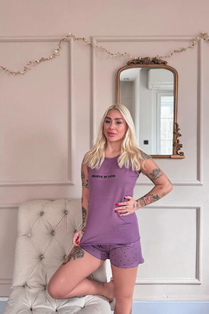 Lila Believe Desenli Bambu Sıfır Kol Şortlu Kadın Pijama Takımı - Pijamaevi (1)