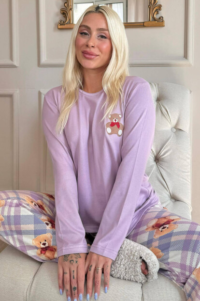 Lila Beruang Desenli Termal Kadın Pijama Takımı - Pijamaevi
