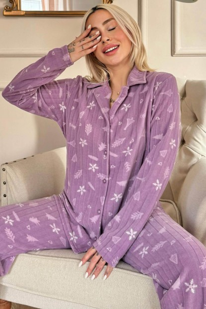Lila Çam Desenli Önden Düğmeli Peluş Polar Pijama Takımı - Pijamaevi