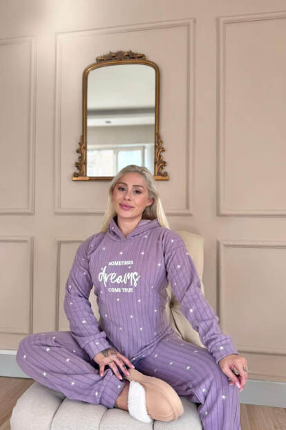 Lila Dreams Desenli Kapşonlu Peluş Polar Pijama Takımı - Pijamaevi (1)