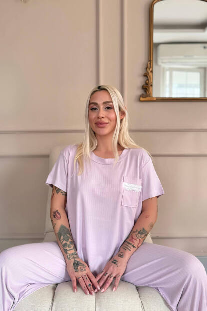 Lila Dublin Kısa Kollu Dantelli Kadın Pijama Takımı - Pijamaevi (1)