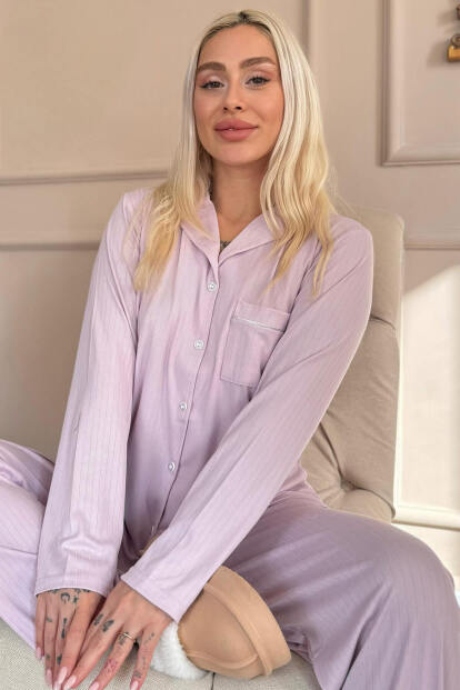Lila Dublin Önden Düğmeli Uzun Kollu Kadın Pijama Takımı - Pijamaevi