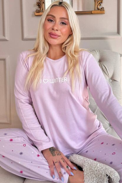 Lila I Love W Desenli Termal Kadın Pijama Takımı - Pijamaevi